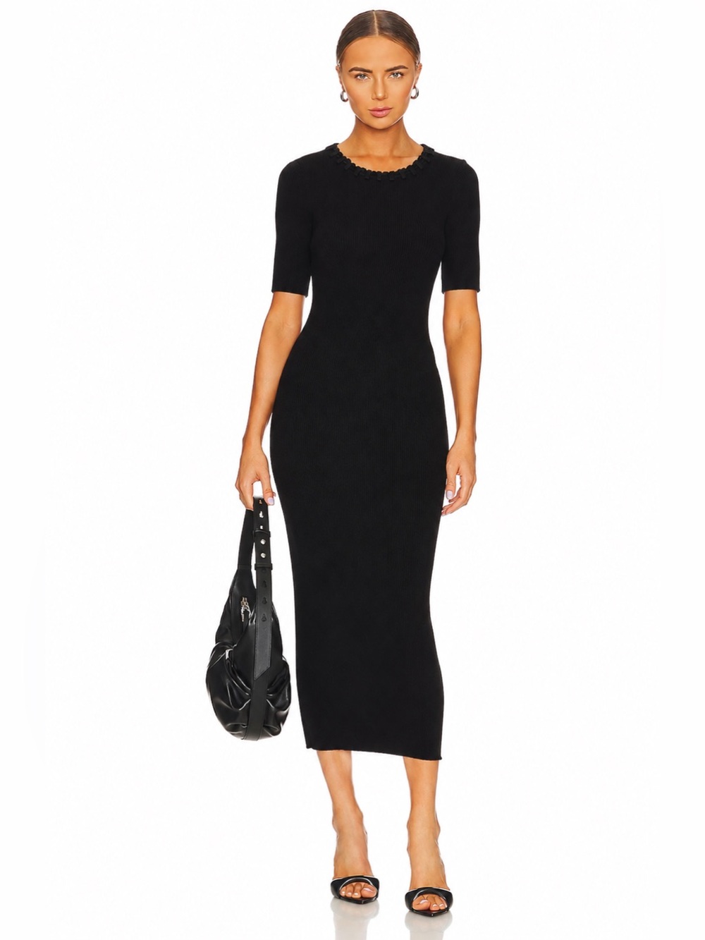 Camila Coelho Black Rib Knit Bodycon Midi Maxi Dress M Braid Neck Minimaliat
